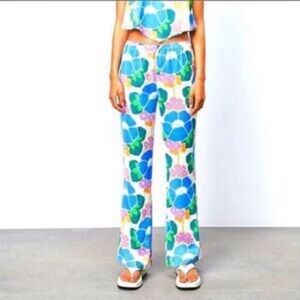 Zara Blue and Green Floral Flare Pants